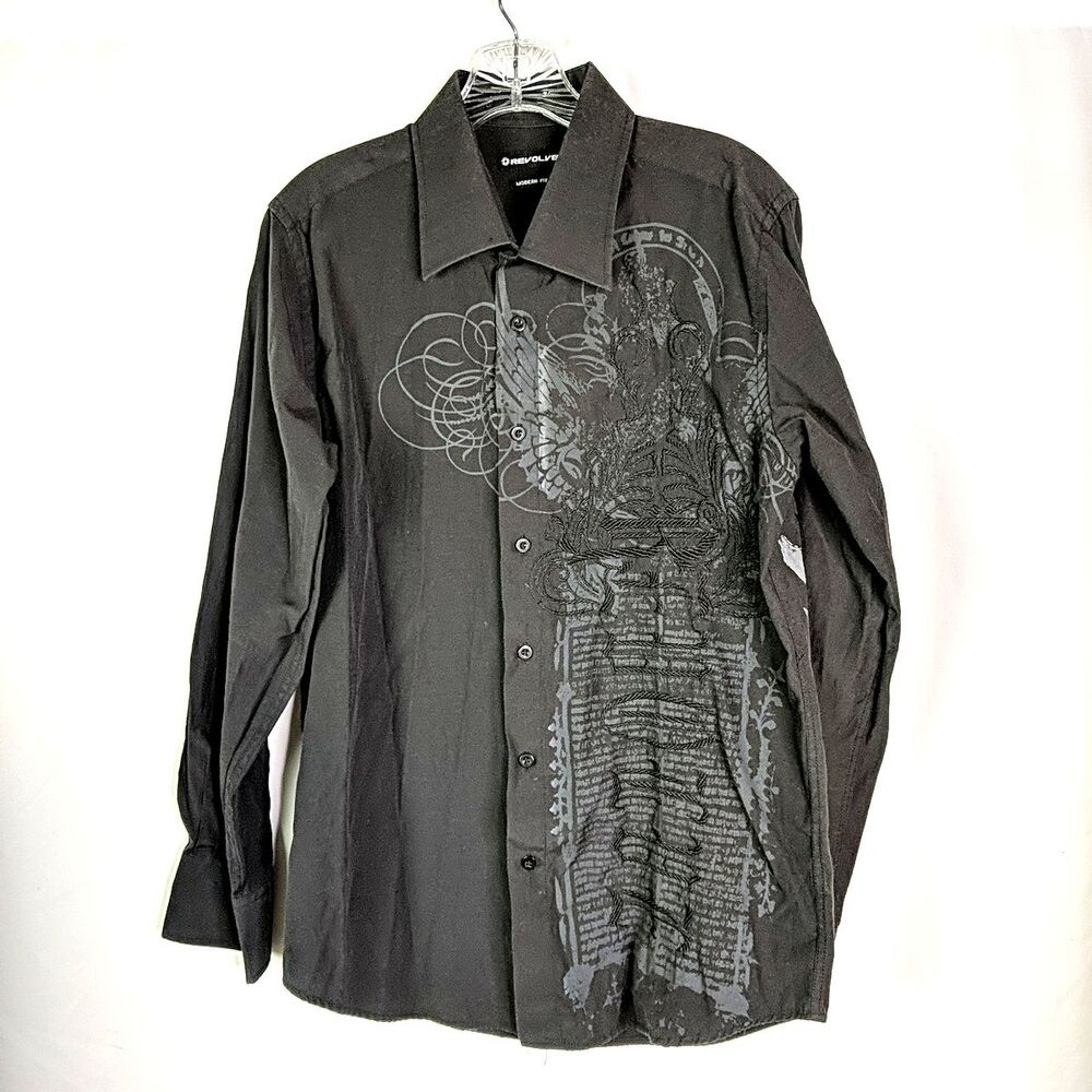 Revolve Black Studs Velvet Phoenix Dress Shirt Eagle Sz Medium Embroidered Roar